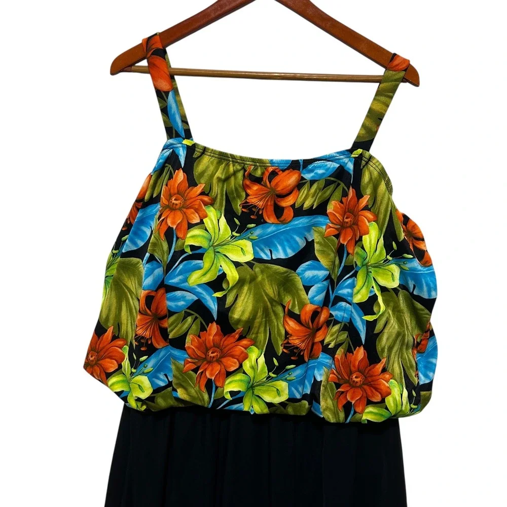 VTG It Figures Womens Floral Swimdress 22W Tropical One Piece Black Skirt Resort